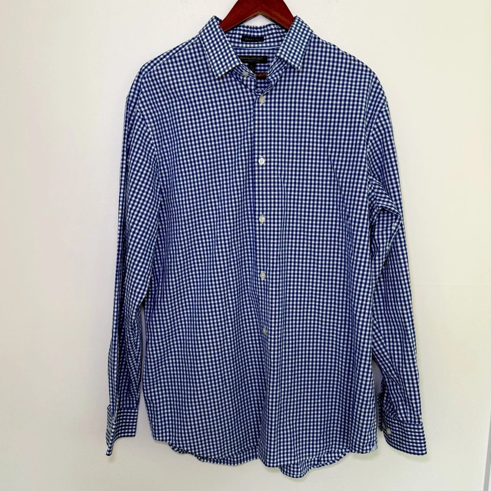 Banana Republic Grant Fit Supima Cotton Blue Gingham Button Down Shirt Size XL